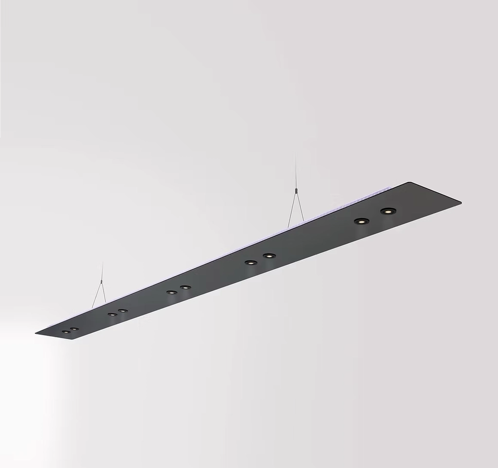 Schlankes LED Hängepanel mit Spots von NoDesign – modernes Lichtdesign von Günter Klügl.