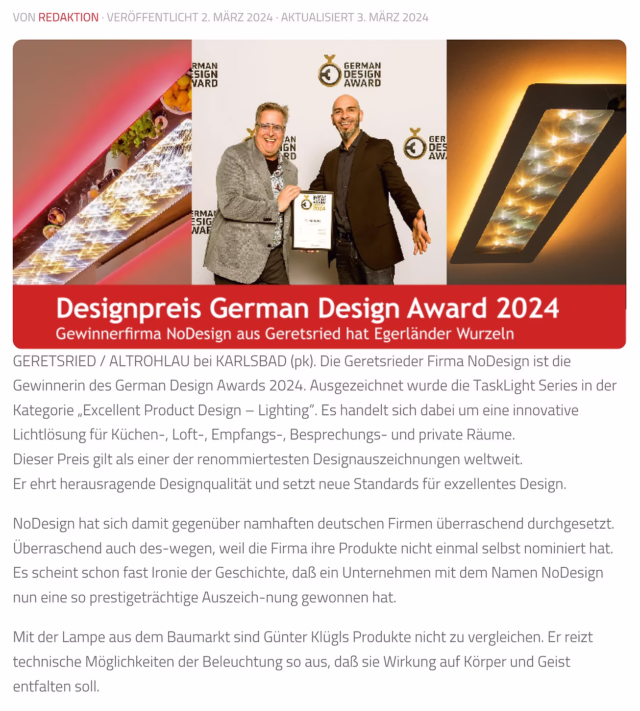 Designpreis German Design Award 2024 – Gewinnerfirma NoDesign aus Geretsried hat Egerländer Wurzeln